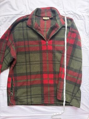 Vintage FieldMaster Men's Half-Zip Plaid Fleece Sweater - Olive Green & Red